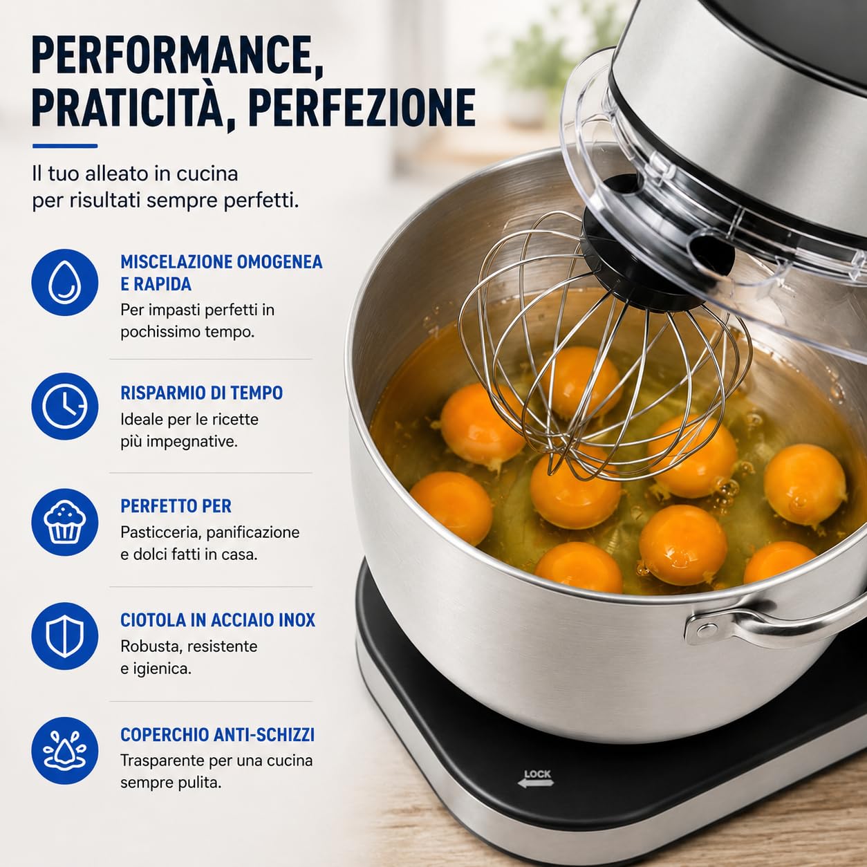 Royal Swiss Robot da Cucina 3 in 1 12L 2000W con Tritacarne e Frullatore in Vetro 1,5L, Impastatrice Planetaria, 6 Velocità, Ciotola in Acciaio Inox XXL, Argento
