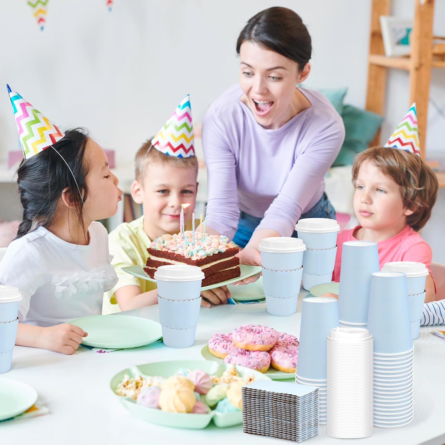 Whaline 100 Pcs Light Blue Disposable Coffee Cups with Lids and Sleeves 16 Oz Insulated To Go Paper Cups for Winter Home Restaurant Travel Wedding Birthday Baby Shower Party Supplies - Image 6