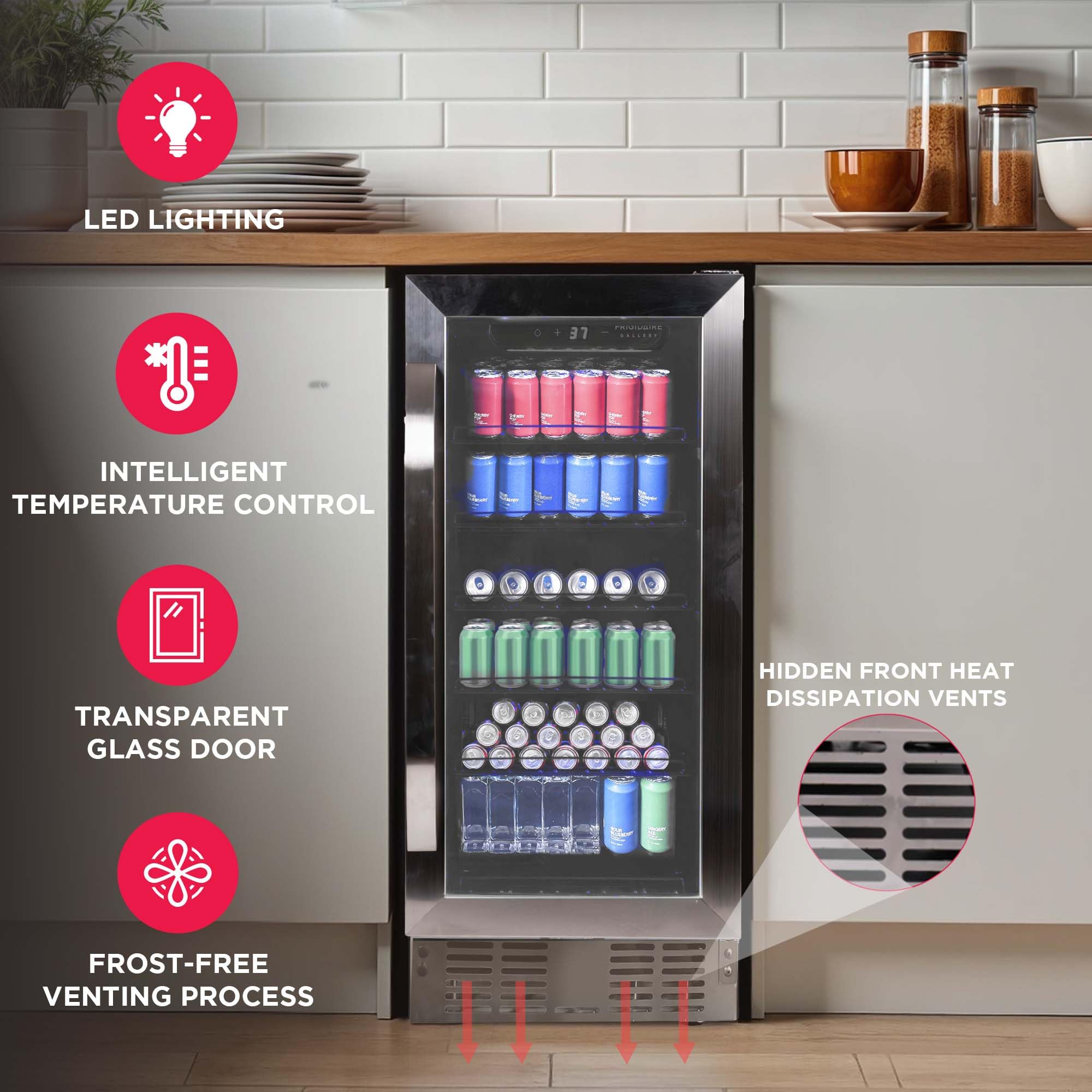 Frigidaire Gallery, 22.5" Wide Beverage Cooler, 30-Bottles Stainless Steel, with Lock, Tempered Glass Door, Frost Free, Glass Door, Stainless Steel, Built-in on Fridge.com