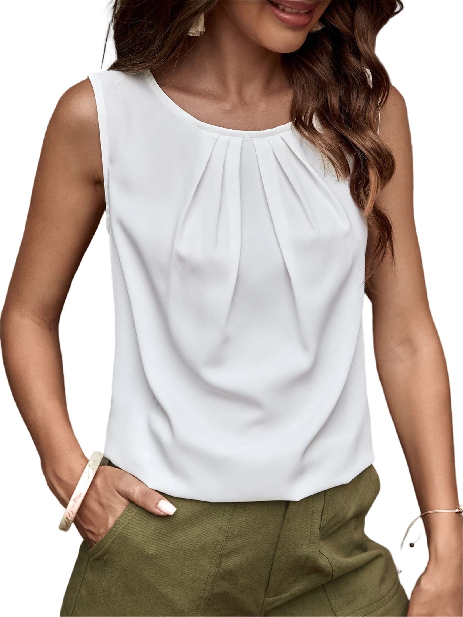MilumiaWomen Sleeveless Work Blouses Casual Pleated Tank Tops