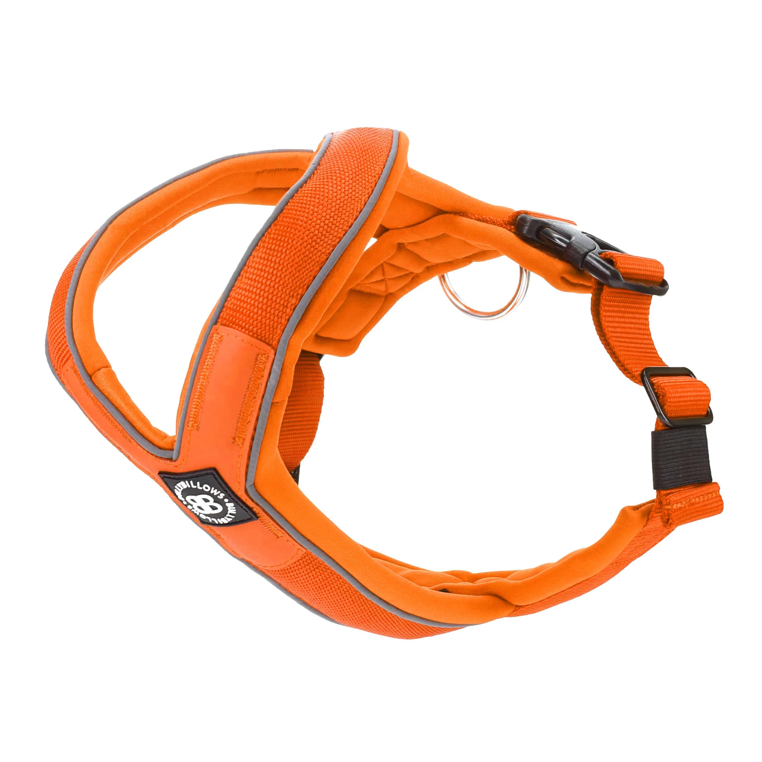 BullyBillows Slip-On Dog Harness - Foam Padded, Neoprene-Lined, Adjustable, Non-Restrictive Y-Shape with Reflective Strips & Stainless Steel D-Loop |Orange | Medium-Large