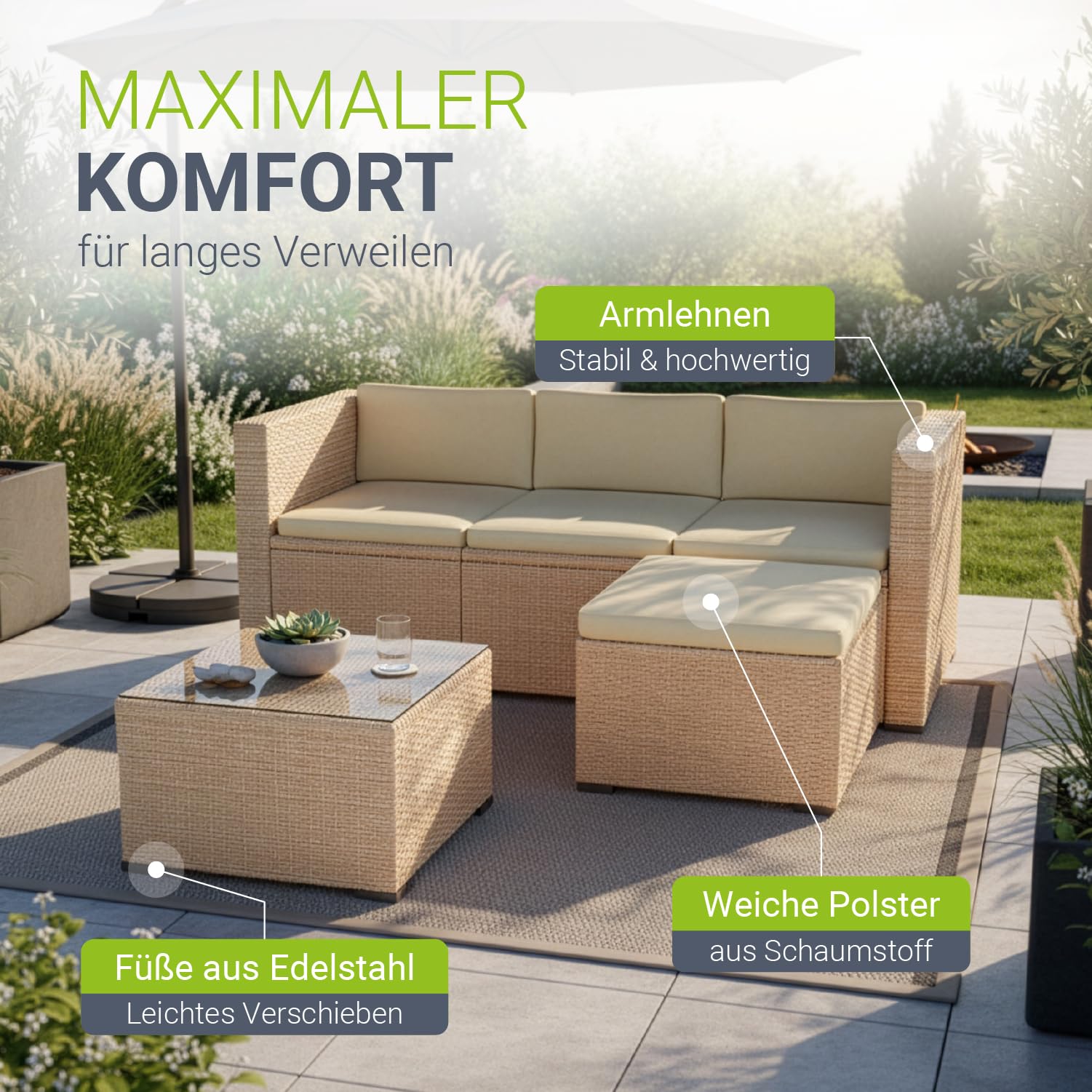 Juskys® Polyrattan Lounge Punta Cana M für 3-4 Personen mit 3er Sofa, Sessel, Tisch & Kissen, Sitzgruppe für Garten, Terrasse und Balkon, Gartenmöbel Set wetterfest - Creme