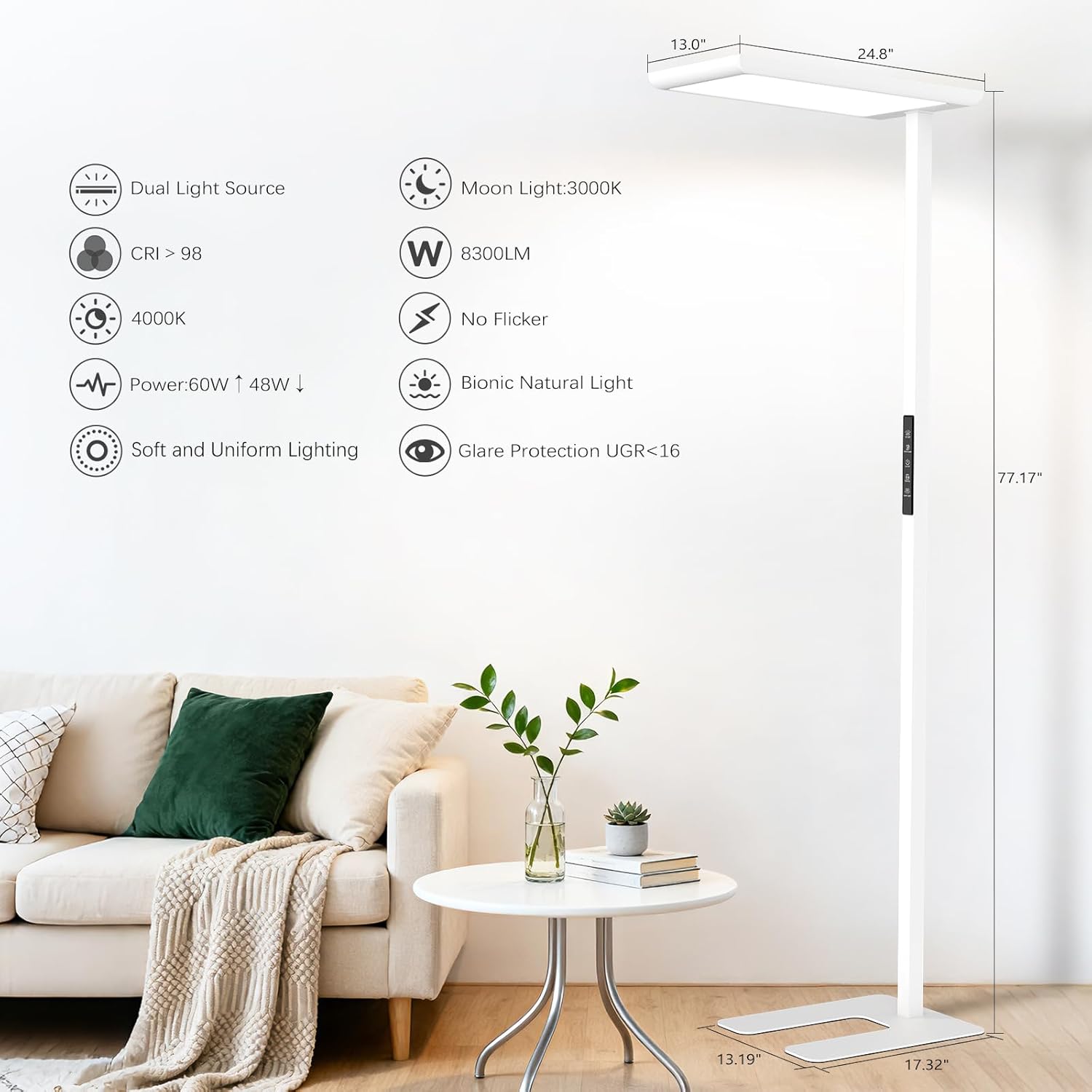 108W LED Floor Lamp, 8300LM Bright Full Spectrum Eye-Care Reading Lamp, 77" Tall Touch Dimmable Standing Light, 4000K Natural Daylight for Living Room, Study Room, Office, CRI>98, White