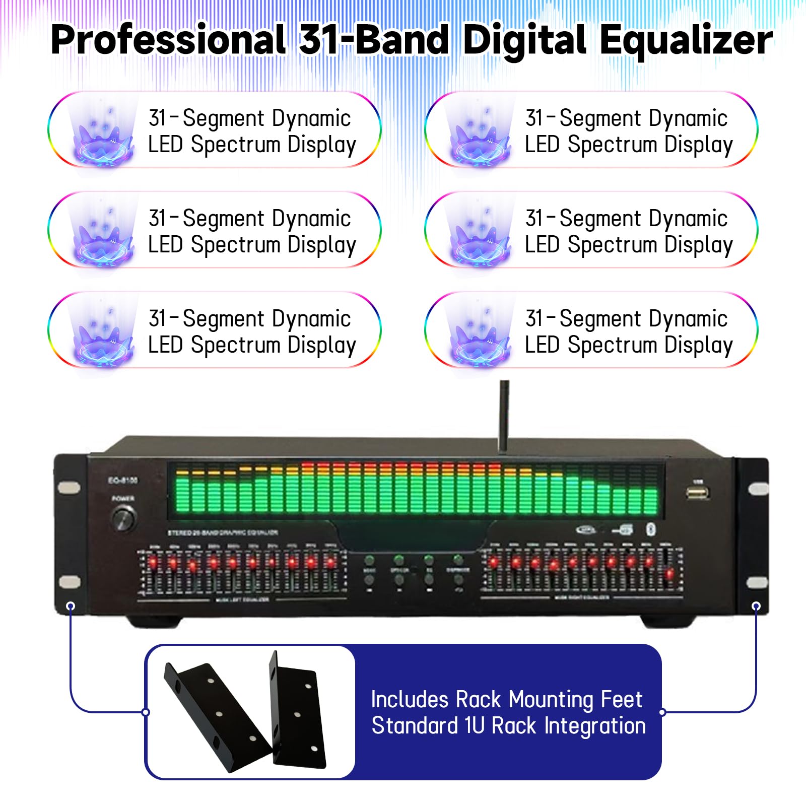 Ecualizador Digital 31 Bandas, Visualizador de Audio con Pantalla LED de Espectro, Ecualizador Gráfico Profesional con 31 Canales Dinámicos, Doble Control Sonido Independiente de 10 Bandas, Procesador