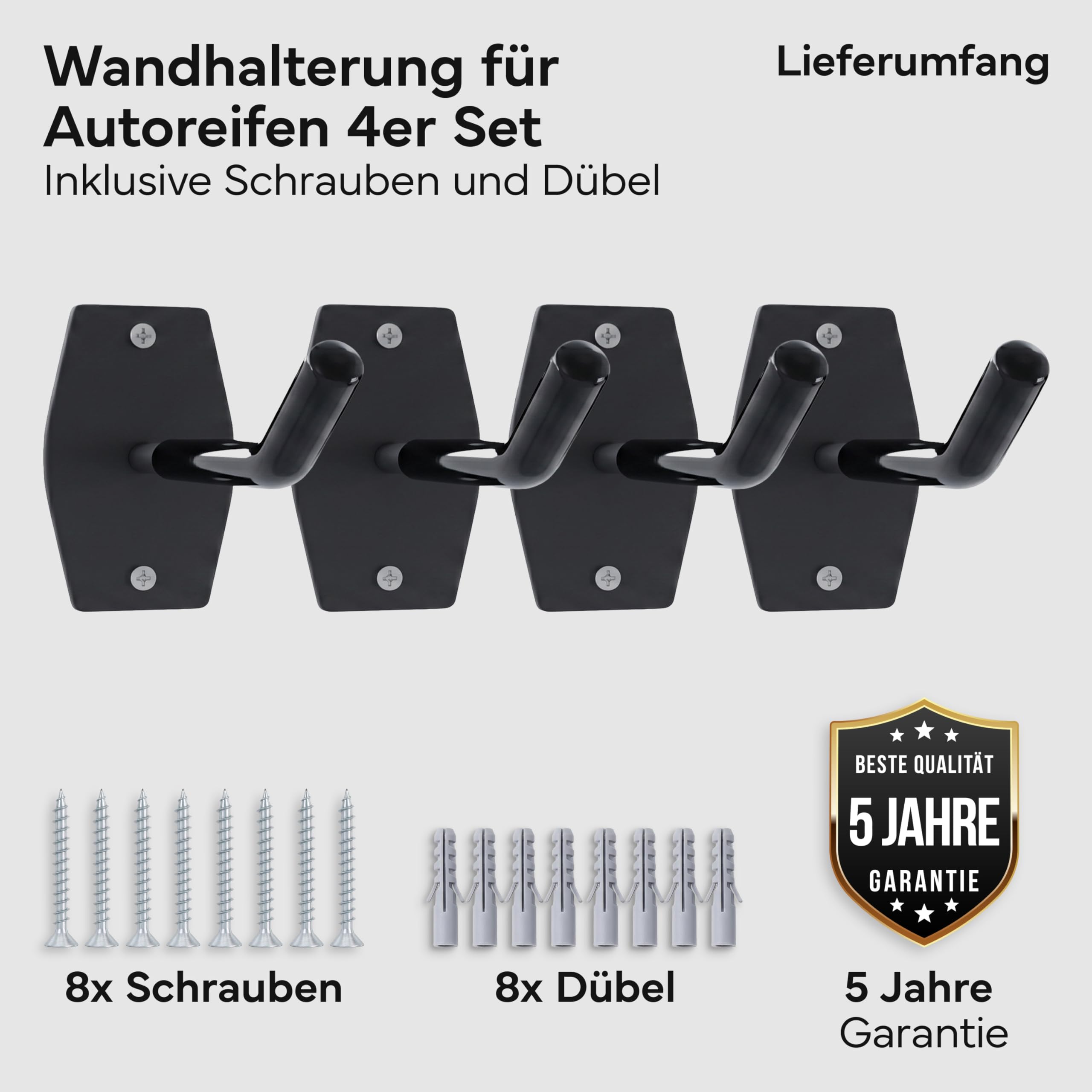 NEOLYMP Autoreifen Wandhalterung 4er Set - Platzsparende Reifenlagerung in der Garage - gehärteter Stahl, gummiert, bis 40kg pro Wandhalter - inkl. Fischer Dübel - Reifenhalter Wandhalterung