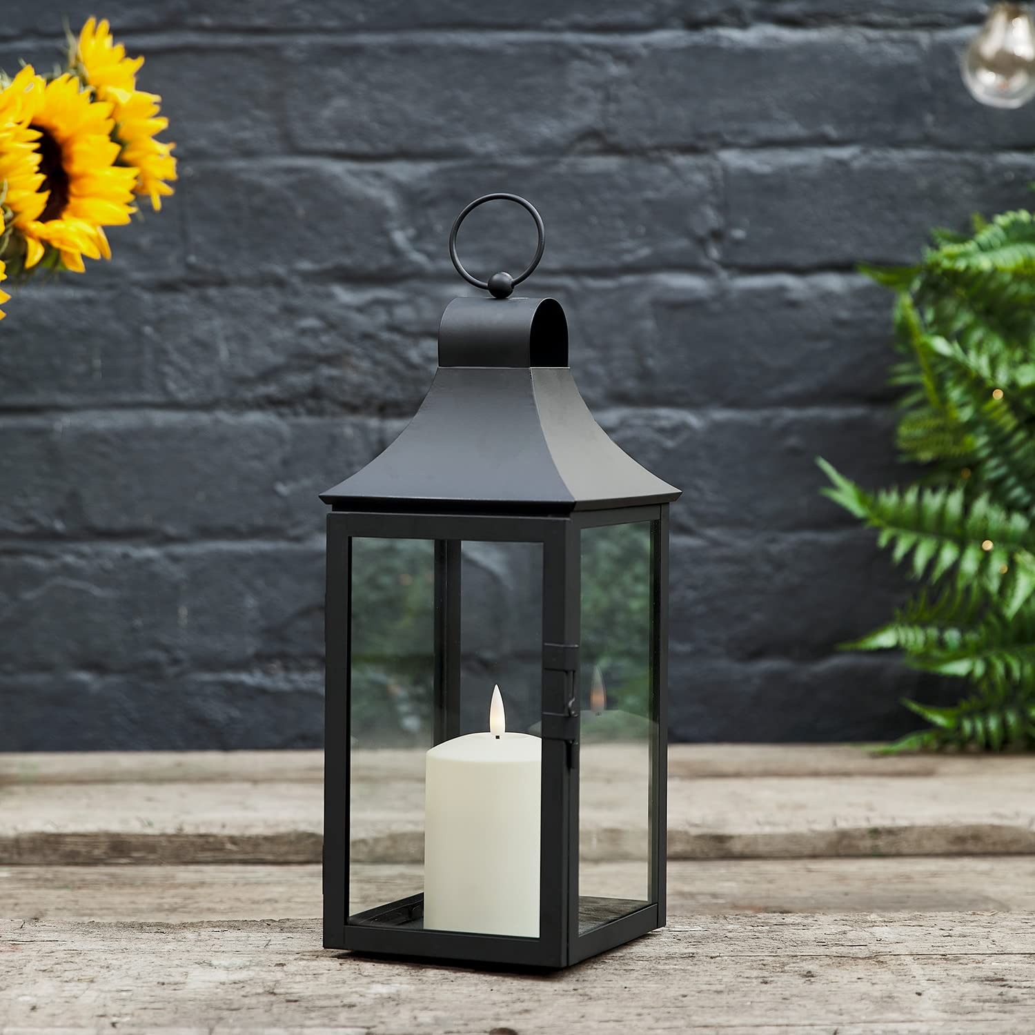 Lights4fun Farolillo Decorativo Negro de 34cm con Vela LED TruGlow® a Pilas para Exteriores