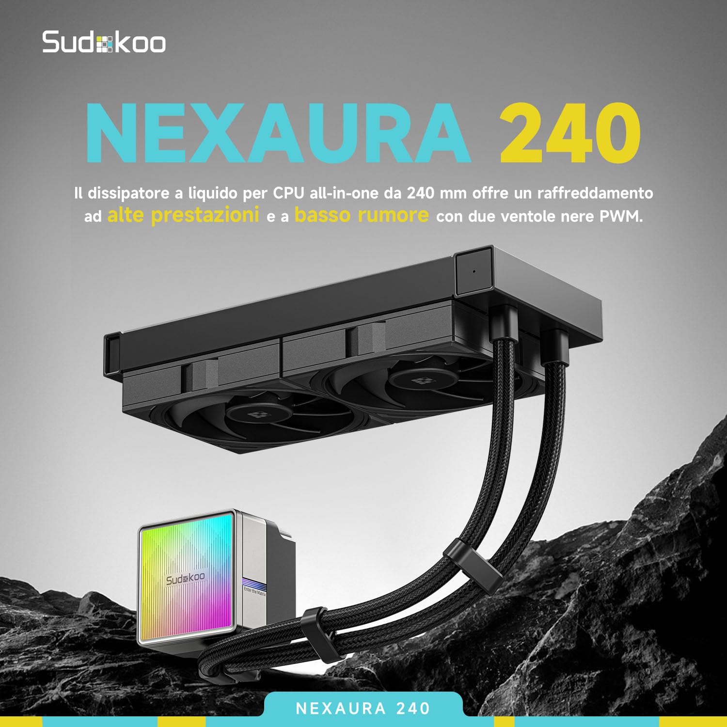 Sudokoo NEXAURA 240 Dissipatore Liquido 240mm per CPU, Raffreddamento Liquido AIO 240mm, 2 Ventole PWM FDB, ARGB PWM Pompa Silenziosa, 2500-3600RPM,TDP 280W, Intel LGA1851/1700/1200/115X e AMD AM5/AM4