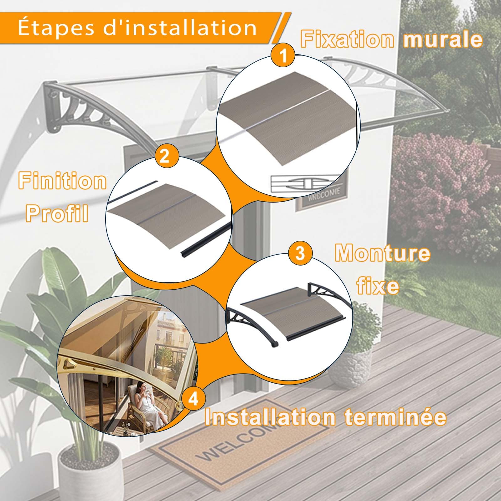 Auvent De Porte D'entrée Moderne，Toit Marquise en Polycarbonate Porte，Marquise De Porte Exterieur en Aluminium，Résistante Toit Abri Protection，avec Structure Abs，pour Terrasse, Balcon