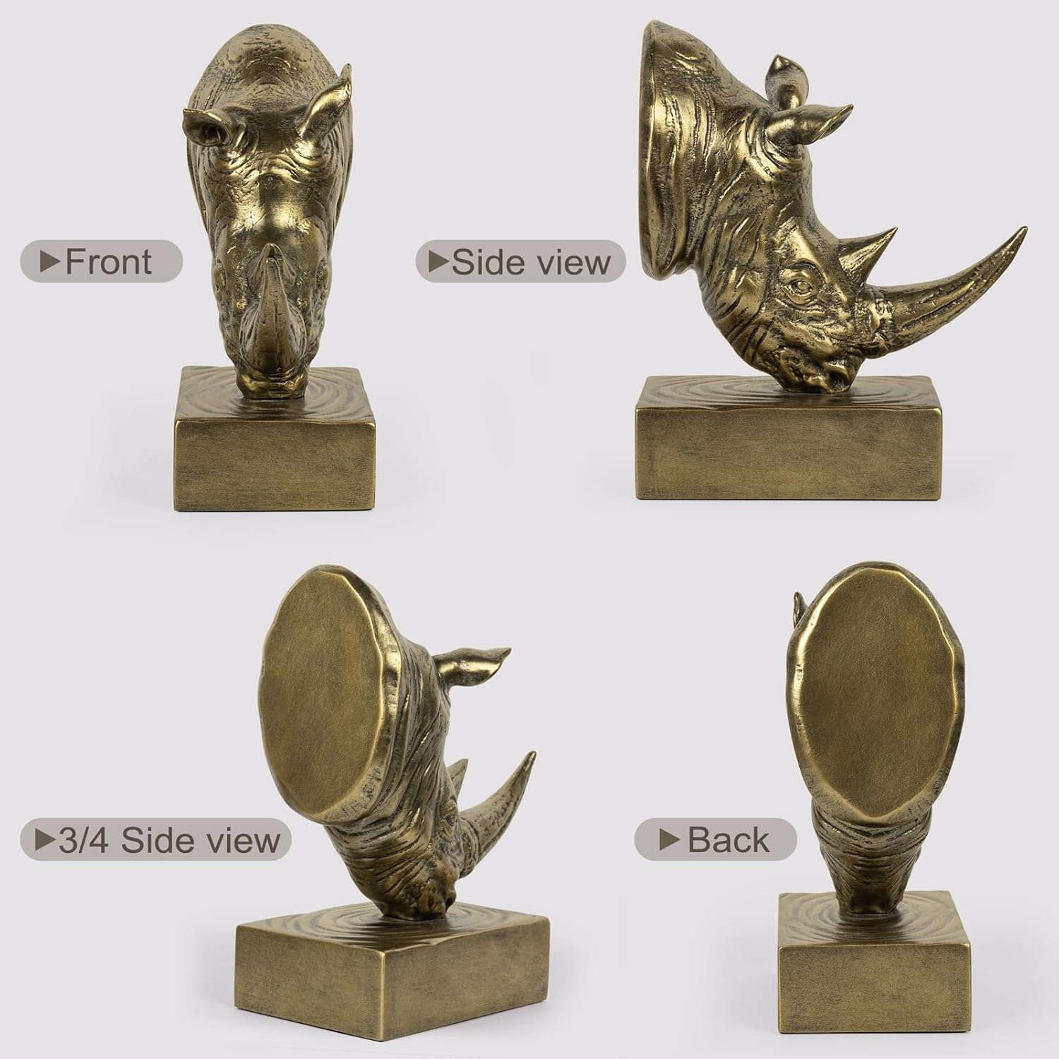 Rhino Head Bookends, Sculptural Rhinoceros Book Ends for Shelves Office Desk, Heavy Decorative Animal Bookends, Home Office Library Decor (Gold)