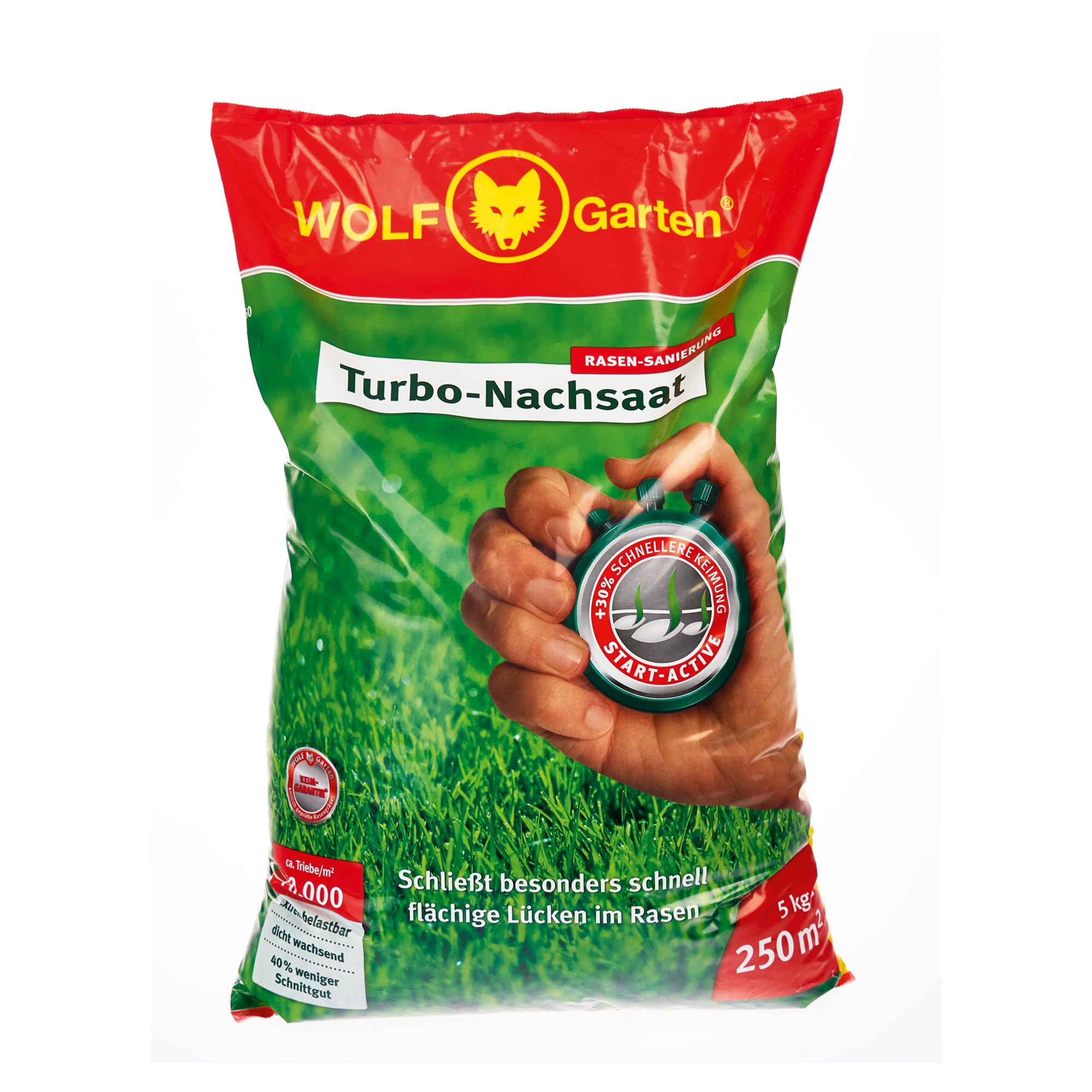 WOLF-Garten Turbo-Nachsaat zur Rasensanierung LR250 (für 250 m2, hohe Dichte mit ca. 70.000 Trieben/m2, für alle Rasentypen geeignet, mit WOLF-Garten Keimgarantie, im 5kg Folienbeutel) 3826050