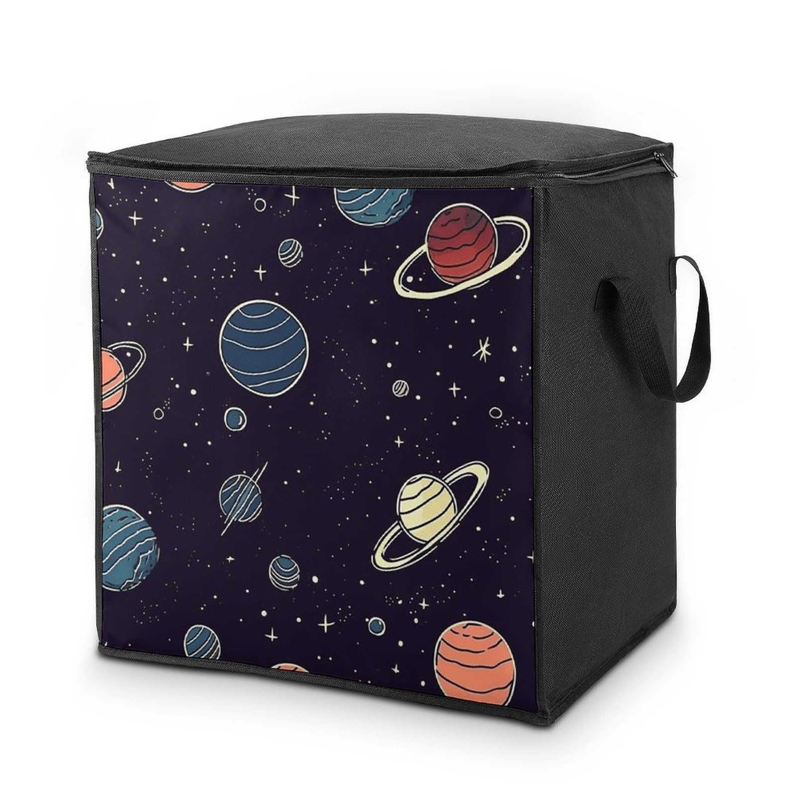 Space Planet Pattern Storage Bag with Zippers And Handle Extra Large Bedding Comforter Storage Bag Foldable Blanket Storage Bags Fabric Moving Bags for Closet Organizer (70L)