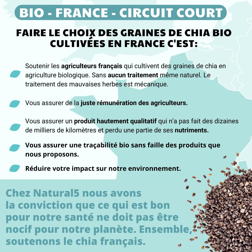 GRAINES DE CHIA BIO CULTIVEES EN FRANCE -1KG Riches en Protéines, Omega3 et fibres. Qualité Supérieure France. Efficacité Minceur, transit. Régule l'appétit. Chia seeds idéales salades, smoothies.