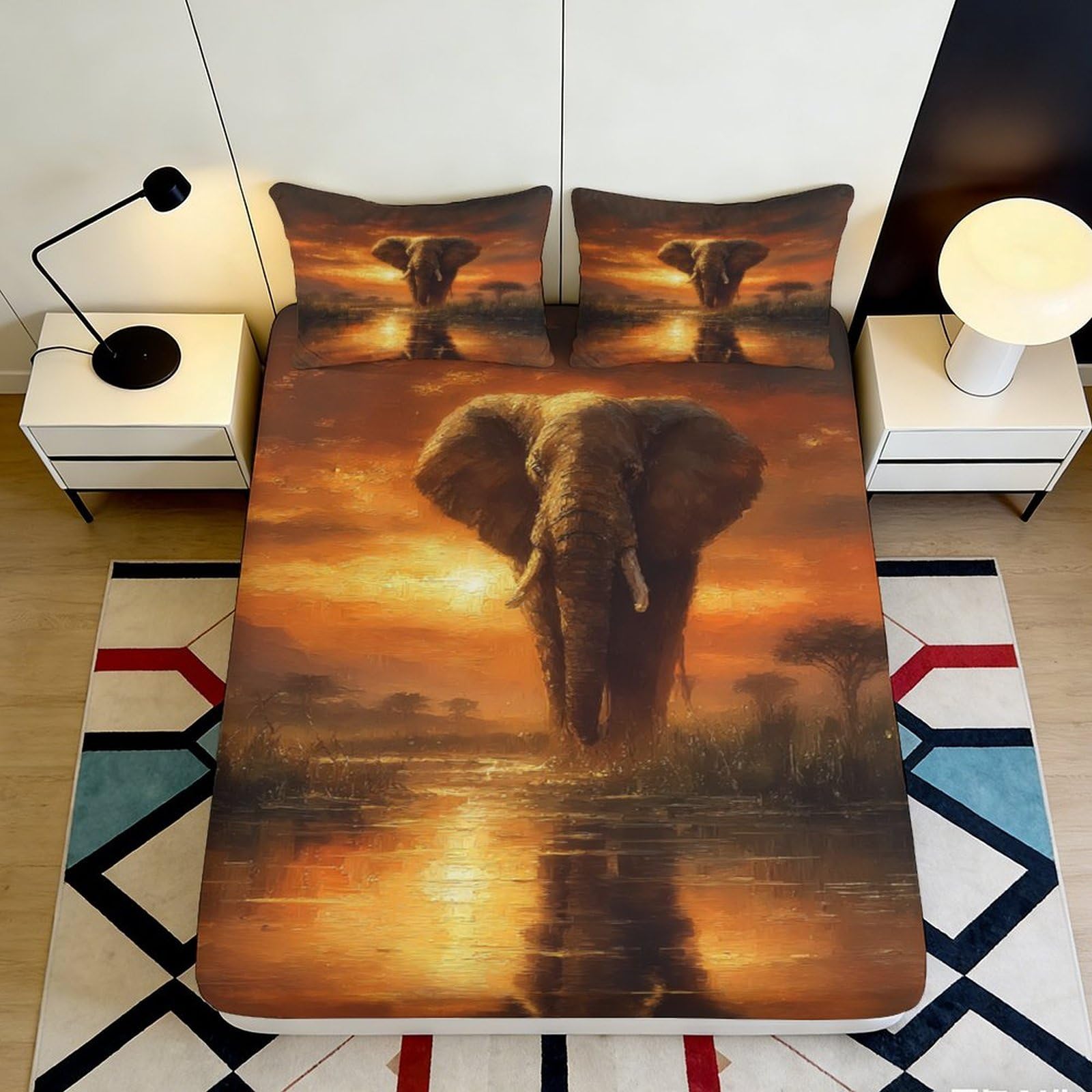 3D Printed Elephant Sunset Fitted Sheet Microfiber Soft Breathable African Wildlife Bed Cover for Bedroom Dormitory Guest Room Mattress Protection Decor 120x200x25cm