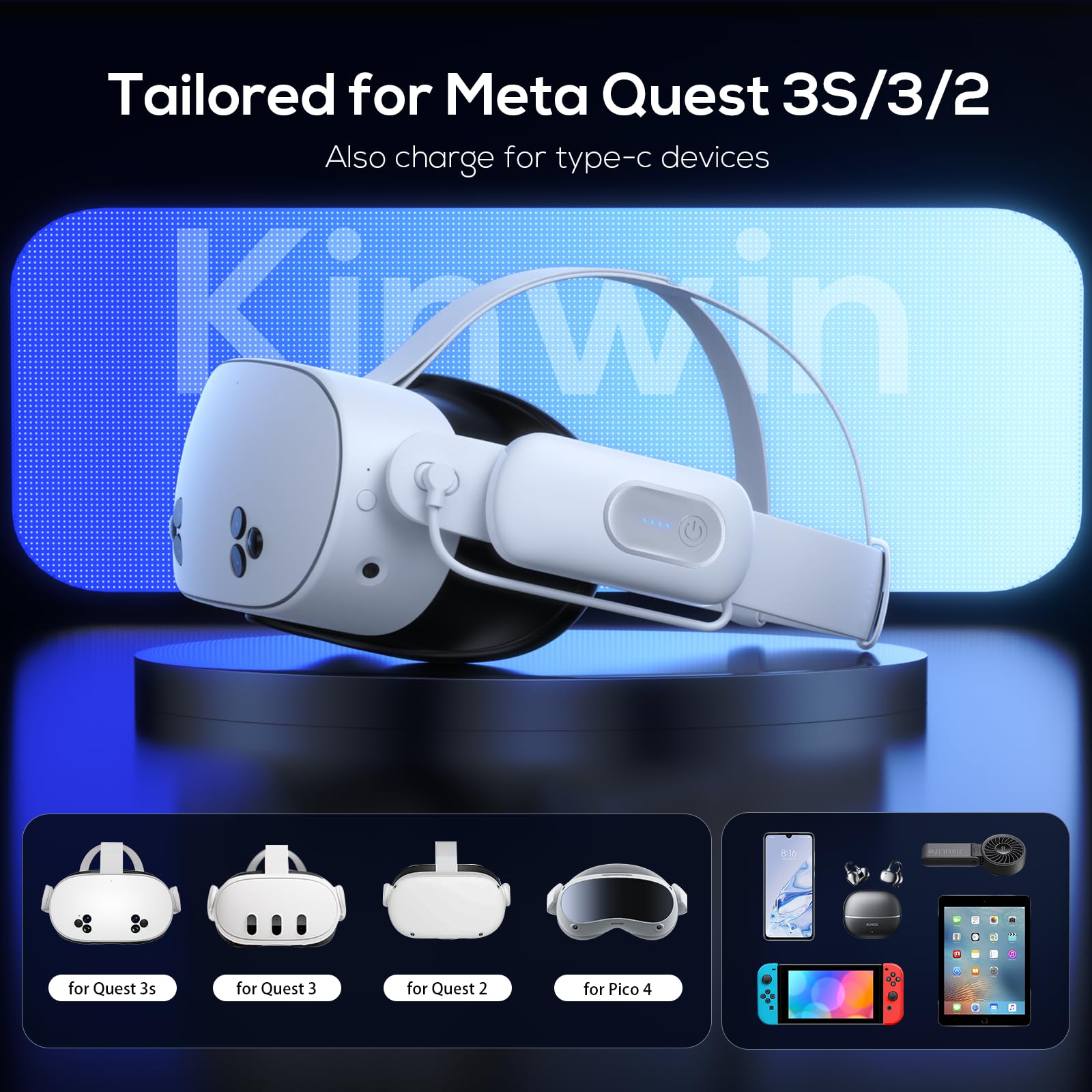 Kinwin Akku für Meta Quest 3/3S/2, 20000 mWh Erweiterungsakku, 18W Schnellladeakku für Oculus Quest 3S/3 Headset, leichtes Ladegerät, VR Zubehör für Quest Original und Elite Riemen - 4