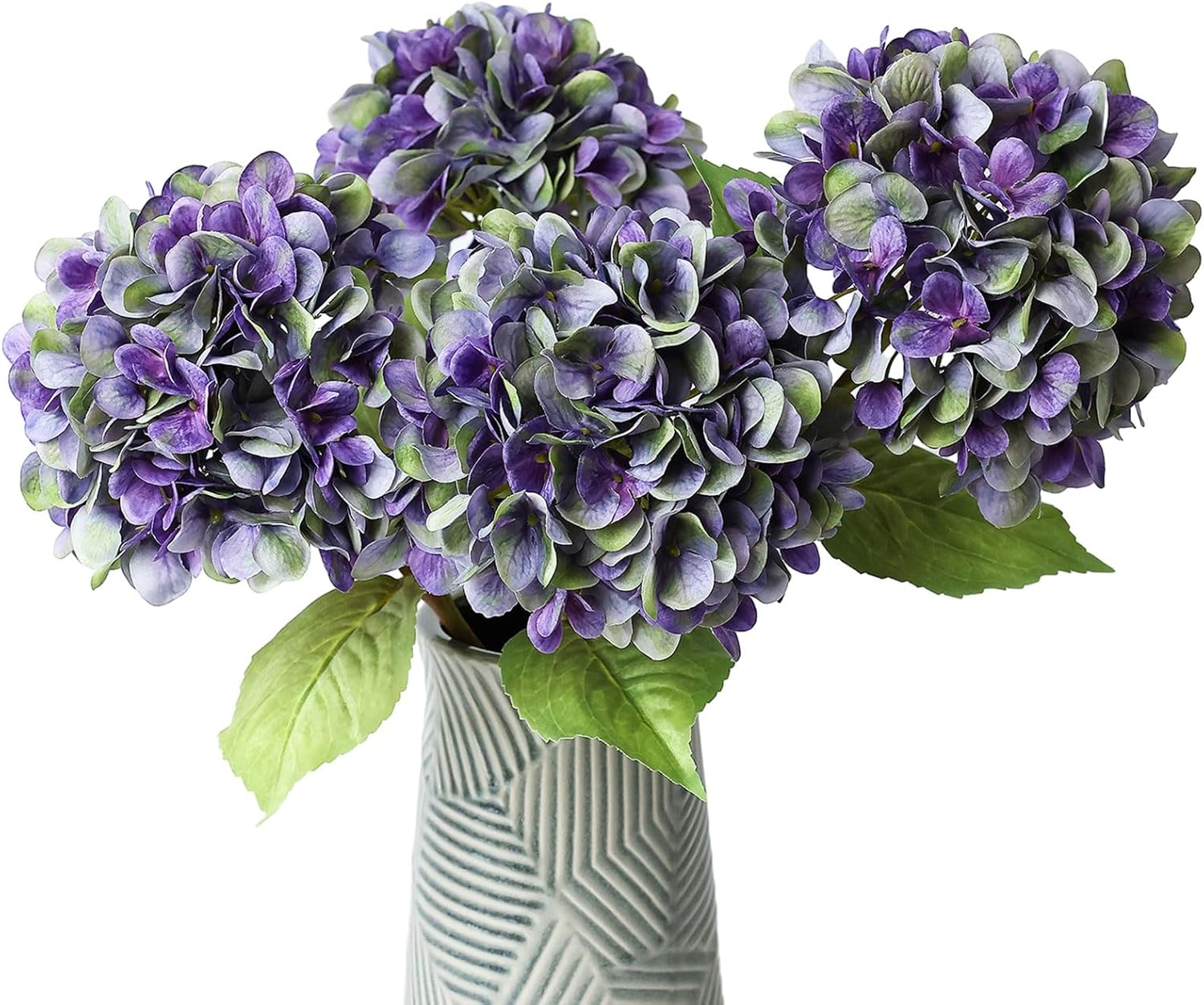 mizii 4Pcs Purple Artificial Hydrangea Flowers Large Fake Silk Hydrangea Flower with Leaves Stems Realistic Faux Hydrangeas Decorations for Wedding Table Centerpieces Vase Home Decor (Purple)