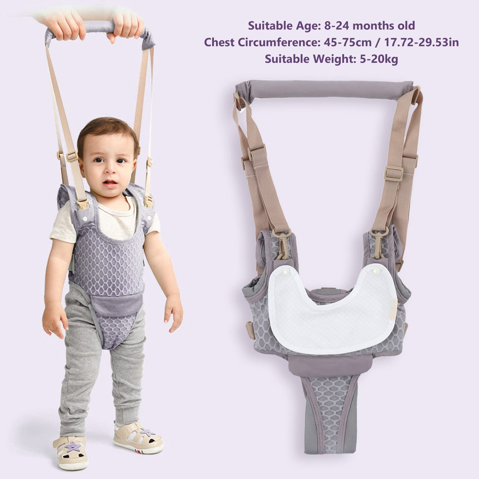 Baby Walking Harness Detachable Crotch Pad Handheld Toddler Walk Assistant Belt Help Baby Walk Child Learning Walk Assist Trainer Tool for 8-24 Month Old(Monsoon Grey-Profile Mesh)