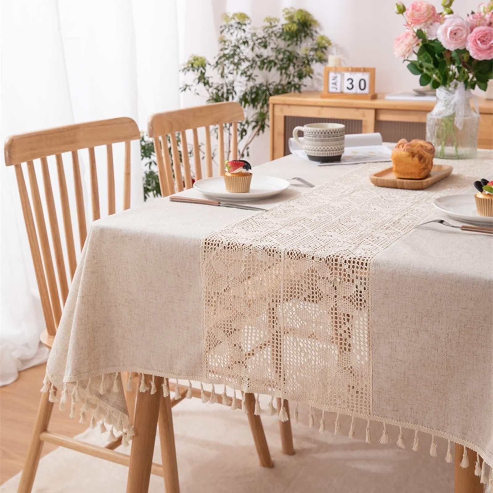 Tovaglia Elegante e raffinata tovaglia Rettangolare all'Uncinetto 120x56 Pollici per Sala da Pranzo in Poliestere per 8-10 Persone con Motivo a Farfalla e Frange 140x300 cm (Larghezza x Lunghezza)