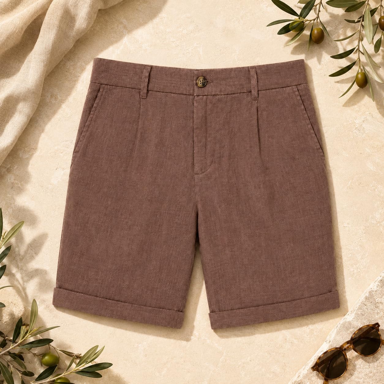 Bermuda Hombre de Lino, Pantalón Corto Casual de Verano, Shorts Elegantes con Bolsillos y Dobladillo, Estilo Mediterráneo para Playa, Vacaciones y Diario