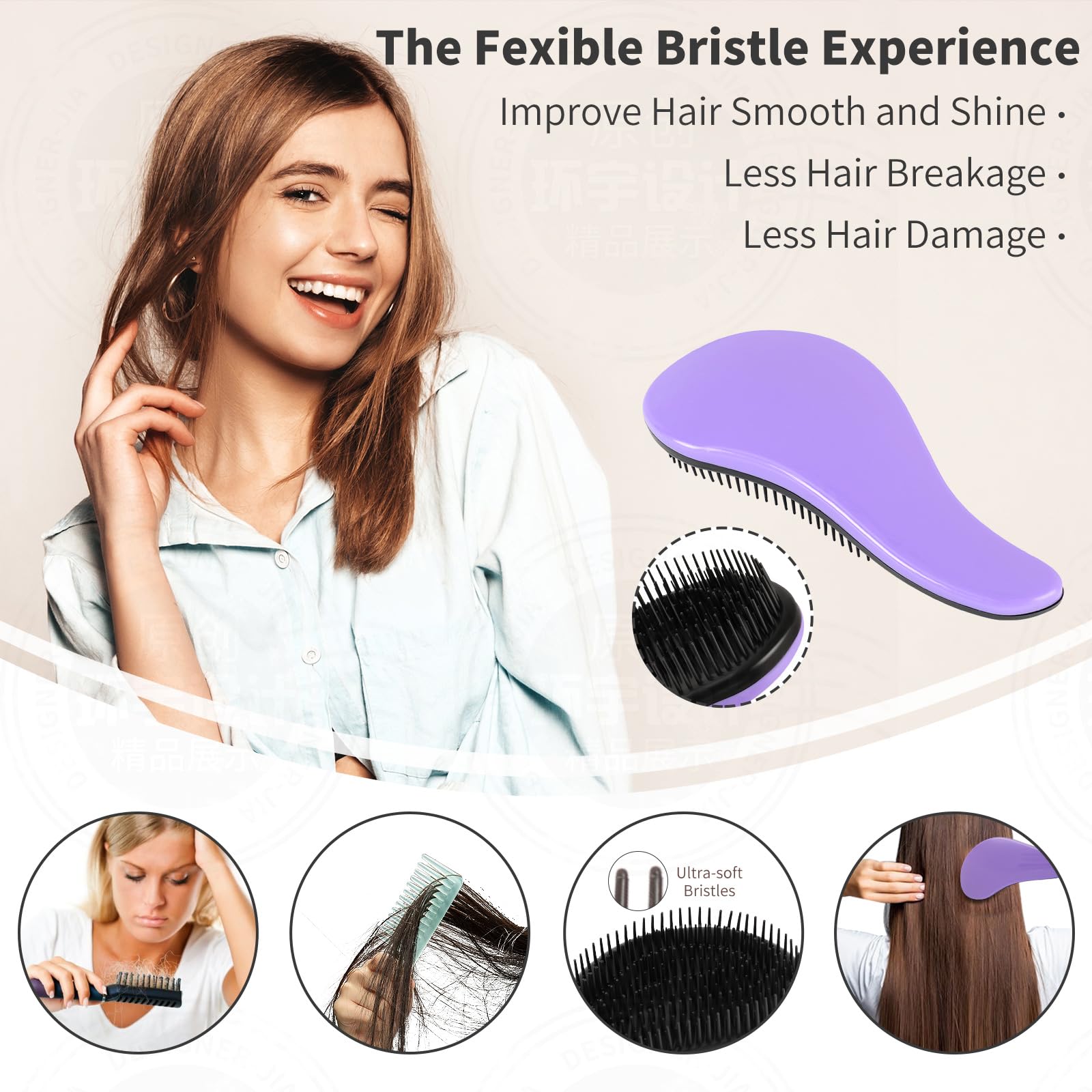 3 cepillos desenredantes para el cabello para niños, sin nudos, sin dolor, para desenredar el cabello rizado y fino (tamaño 7,4 pulgadas, morado)
