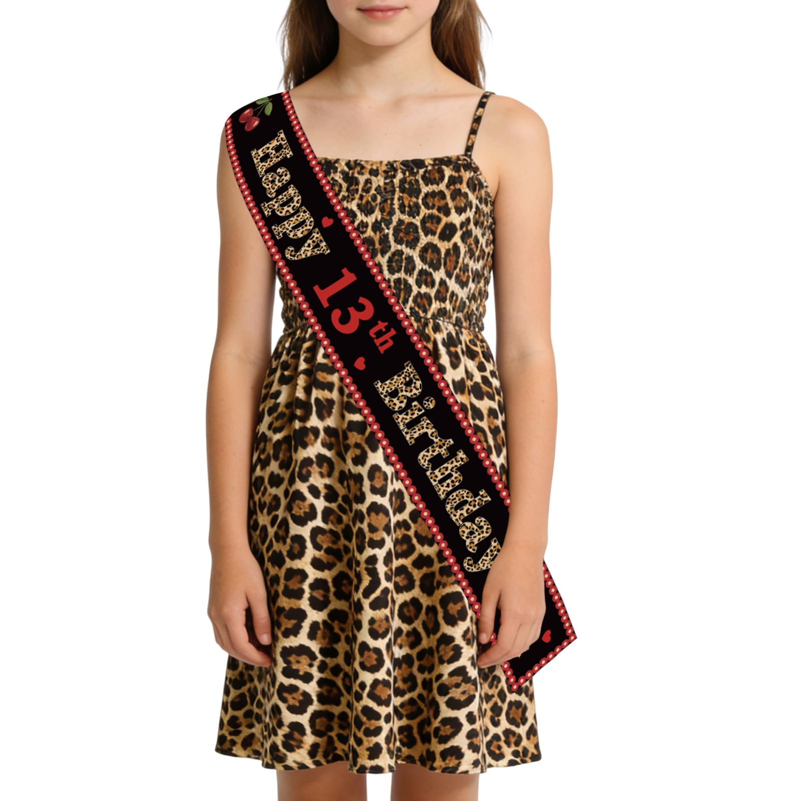 Sursurprise Cheetah and Cherry 13th Birthday Sash, Red and Black Satin Sash for Girls, Leopard Print Happy 13th Birthday Decorations, Cheetah Cherry Theme Birthday Party Decor