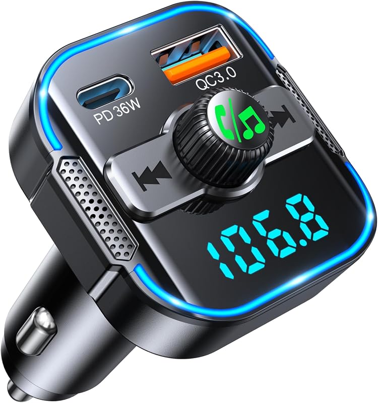 Bluetooth 5.3 Car Adapter, 2-in-1 FM Bluetooth Transmitter | PD 36W+QC3.0 18W & Fast Car Charger, [Dual Stronger Mics] Wireless FM Radio Adapter Hands-Free Calling, Siri Assistant, Black
