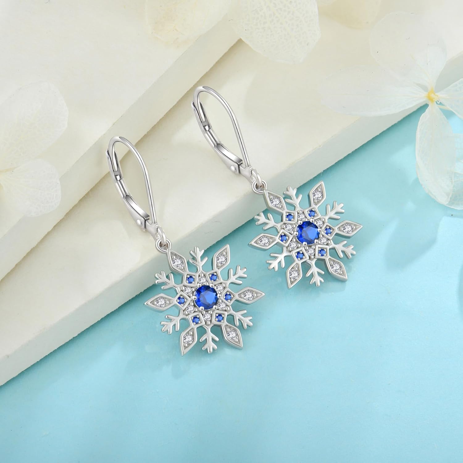 Women Snowflake Earrings 925 Sterling Silver Birthstone Dangle Drop Leverback Earrings Christmas Gifts for Her - Image 4