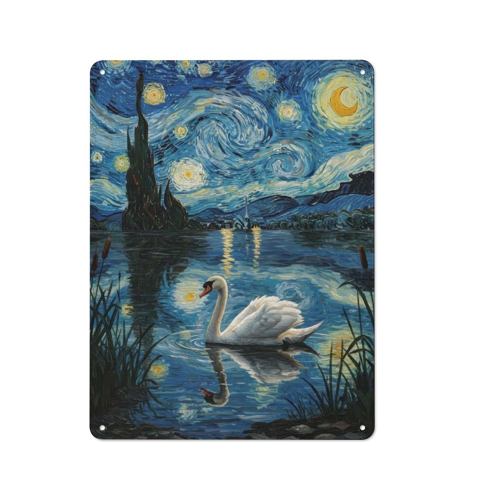 Junmoney Swan In Starry Night Style Painting Metal Sign 40X30cm With For Hallway Wall, Retro Decor, Autumn Home Decor For Collectors Of Metal Signs