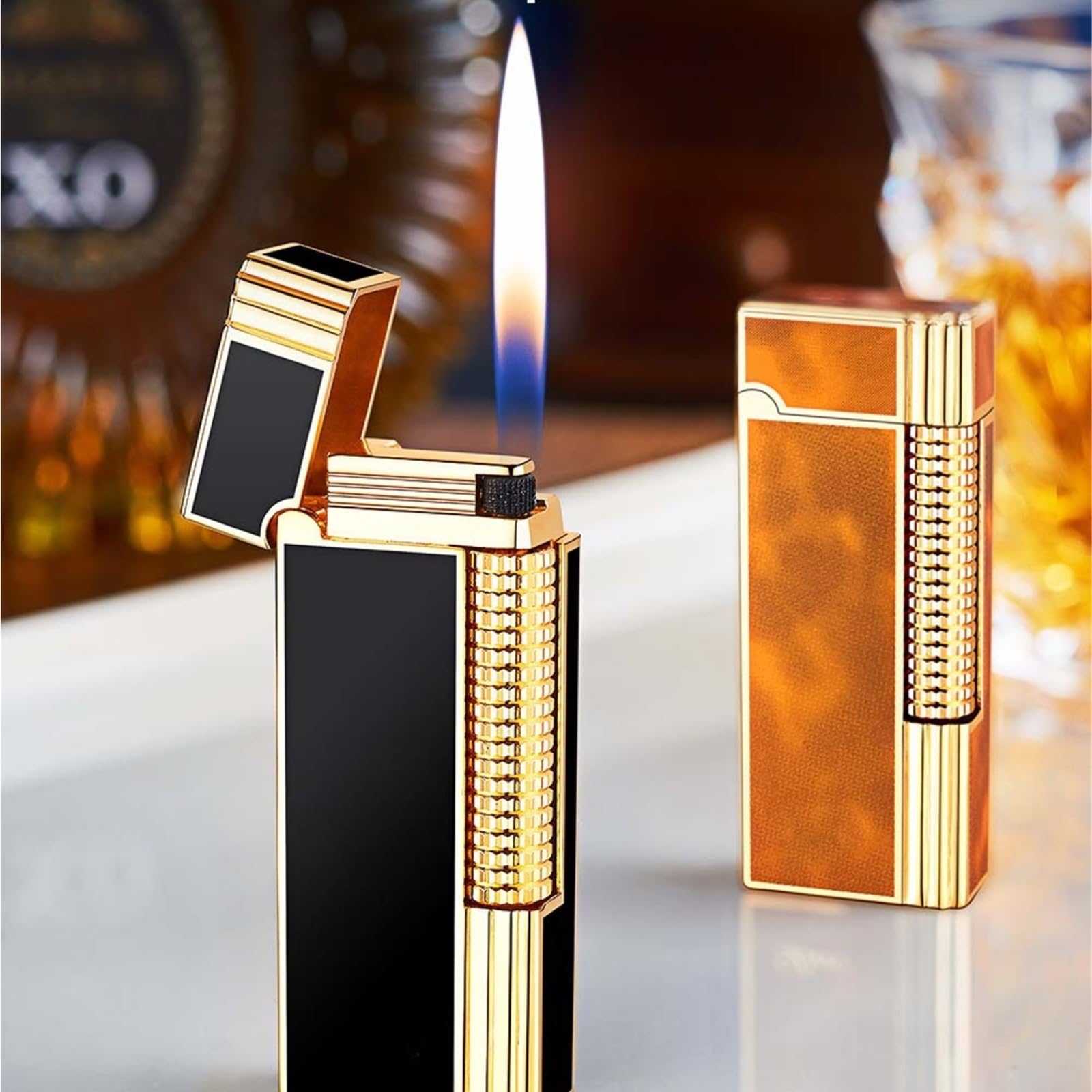Mechero de butano, cuerpo de metal recargable, tamaño de llama ajustable, encendido deslizante lateral, ideal para velas, hogueras, regalos, elegante llama abierta, 4.9 pulgadas de longitud