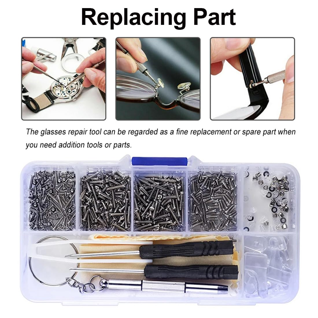 500 Pcs Kit di strumenti di riparazione per occhiali da sole, cacciaviti per riparazione occhiali, cacciavite, viti, dadi, naselli in silicone, pinzette, occhiali, panno per la riparazione