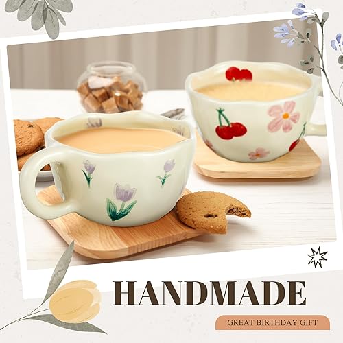 Miniatura 7 de Vesici 2 piezas tazas de café de cerámica con cuchara, tazas florales vintage con asa, 8.5 onzas, taza de té de porcelana estética, regalo para San