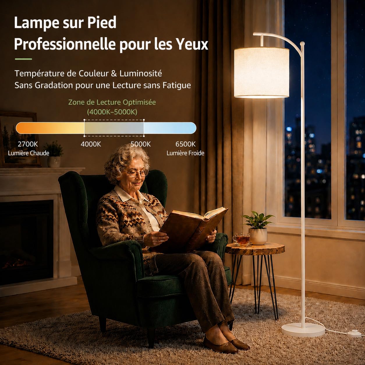 Torkase Lampadaire sur Pied LED Blanc à Arc avec Abat-Jour Tissu