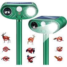 Solar Ultrasonic Animal Repellent 2 Pack,Motion Activated Deterrent for Deer, Cat, Squirrel, Raccoon, Rabbit & Bird, Waterproof Outdoor Animal Repeller with LED Strobe for Yard, Garden & Orchard