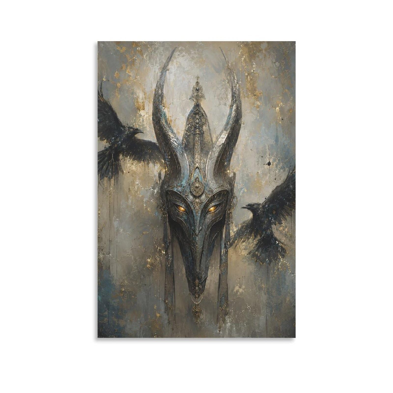 H3B8U2Y5 Viking Helmet Raven Flight Canvas Wall Art, Dark Nordic Fantasy