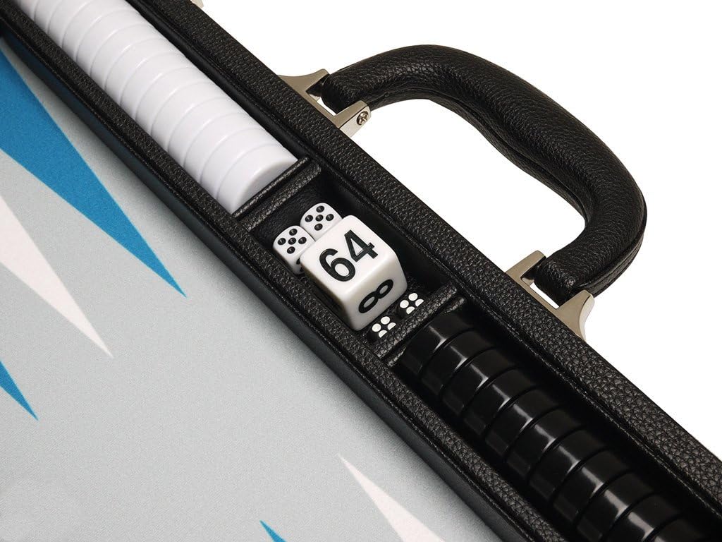16-inch Premium Backgammon Set - Medium Size - Black Board, White and Astral Blue Points