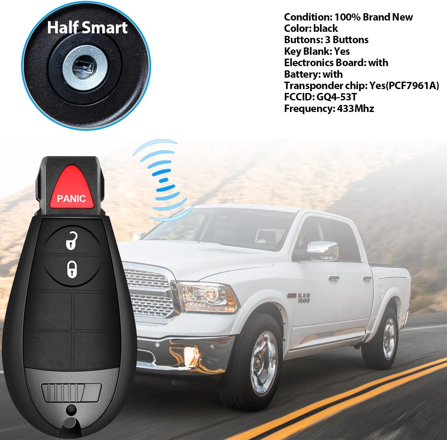 Key Fob Fobik Replacement Compatible with Dodge Ram 1500 2013-2021/ Dodge Ram 2500 3500 4500 5500 2013-2018 Pickup Truck Keyless Entry Remote Control FCCID: GQ4-53T 56046953AE
