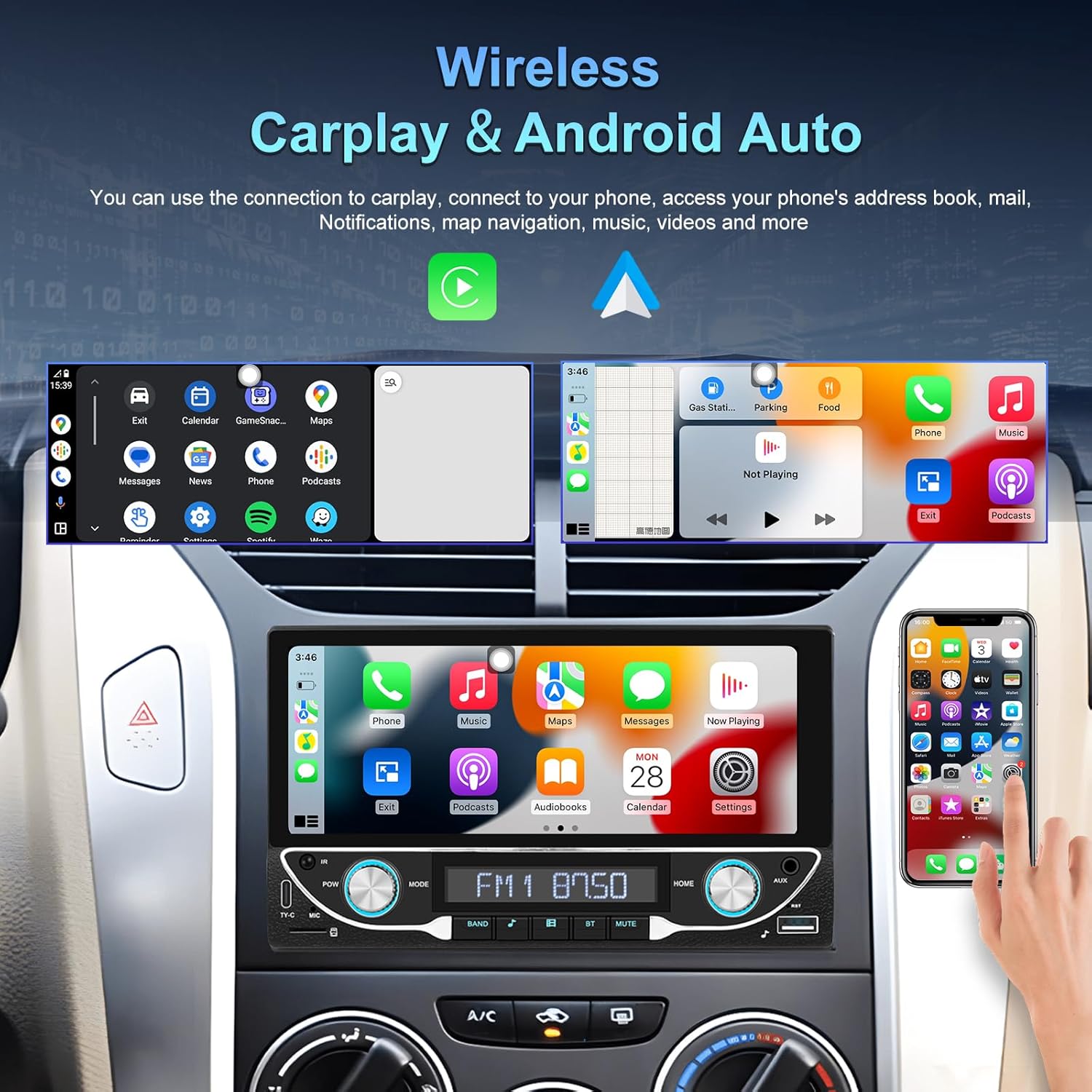 Screenshot of the car stereo display showing Apple CarPlay and Android Auto interfaces with various app icons.