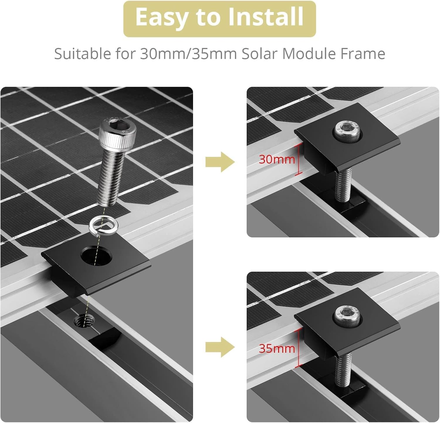 Anbte 10pcs Solar Panels Centre Clamps, Aluminium T-Shaped Mid Clamps 30mm/35mm Solar Panel Mounting Brackets Solar Mounting Rail Connector for Metal Roof, Tin Roof, Flat Roof, Sheet Roof, Black