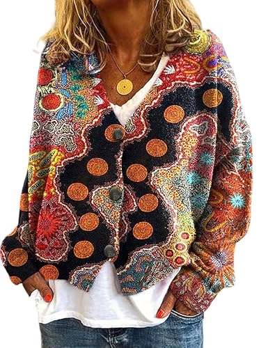 Women’s V Neck Cardigan Colorful Knit Sweater with Artistic Floral
