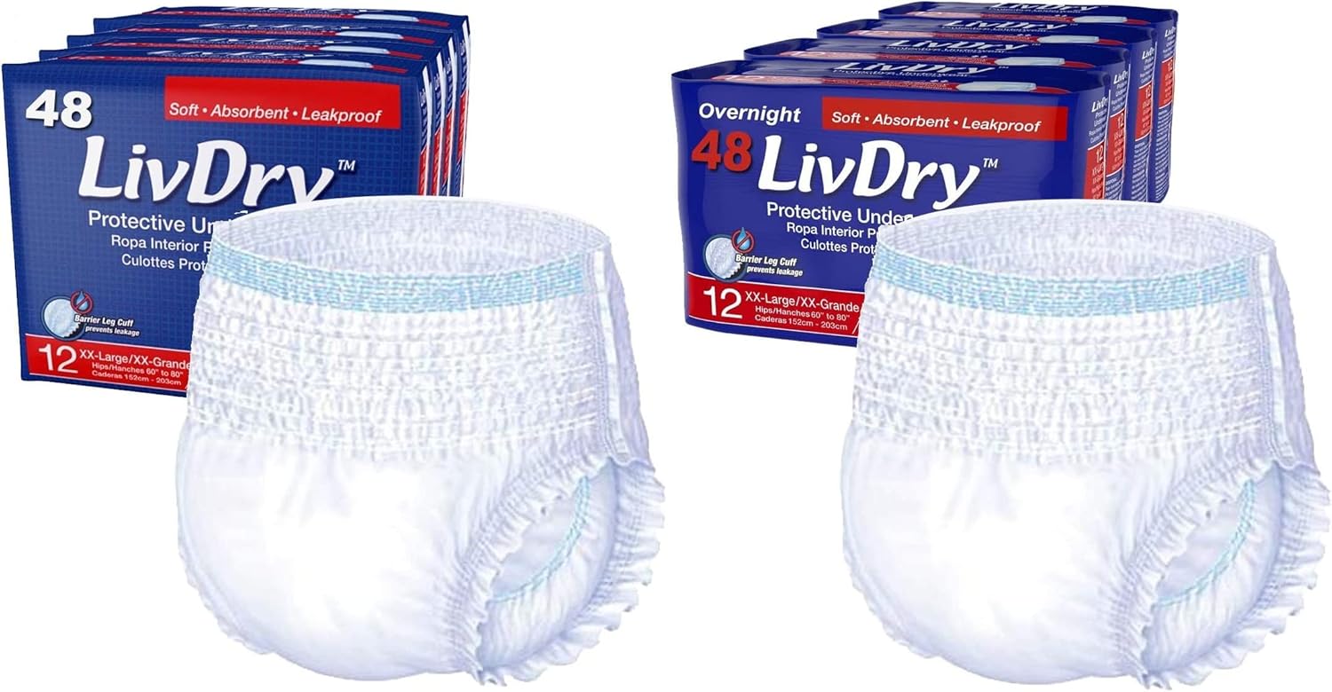 LivDry Adult Incontinence Underwear, Extra Absorbency with Overnight Comfort Bundle - XX-Large, Case