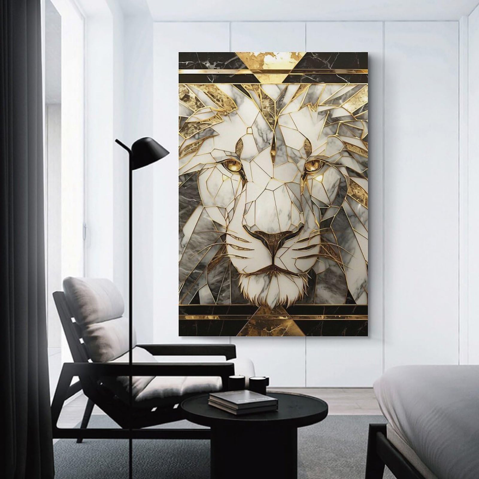 Junmoney Marble And Gold Lion Head Art Canvas Wall Decor, 08x12inch(20x30cm), for Art Walls, Layered Displays Or Homes, Home Wall Art for Statement Displays