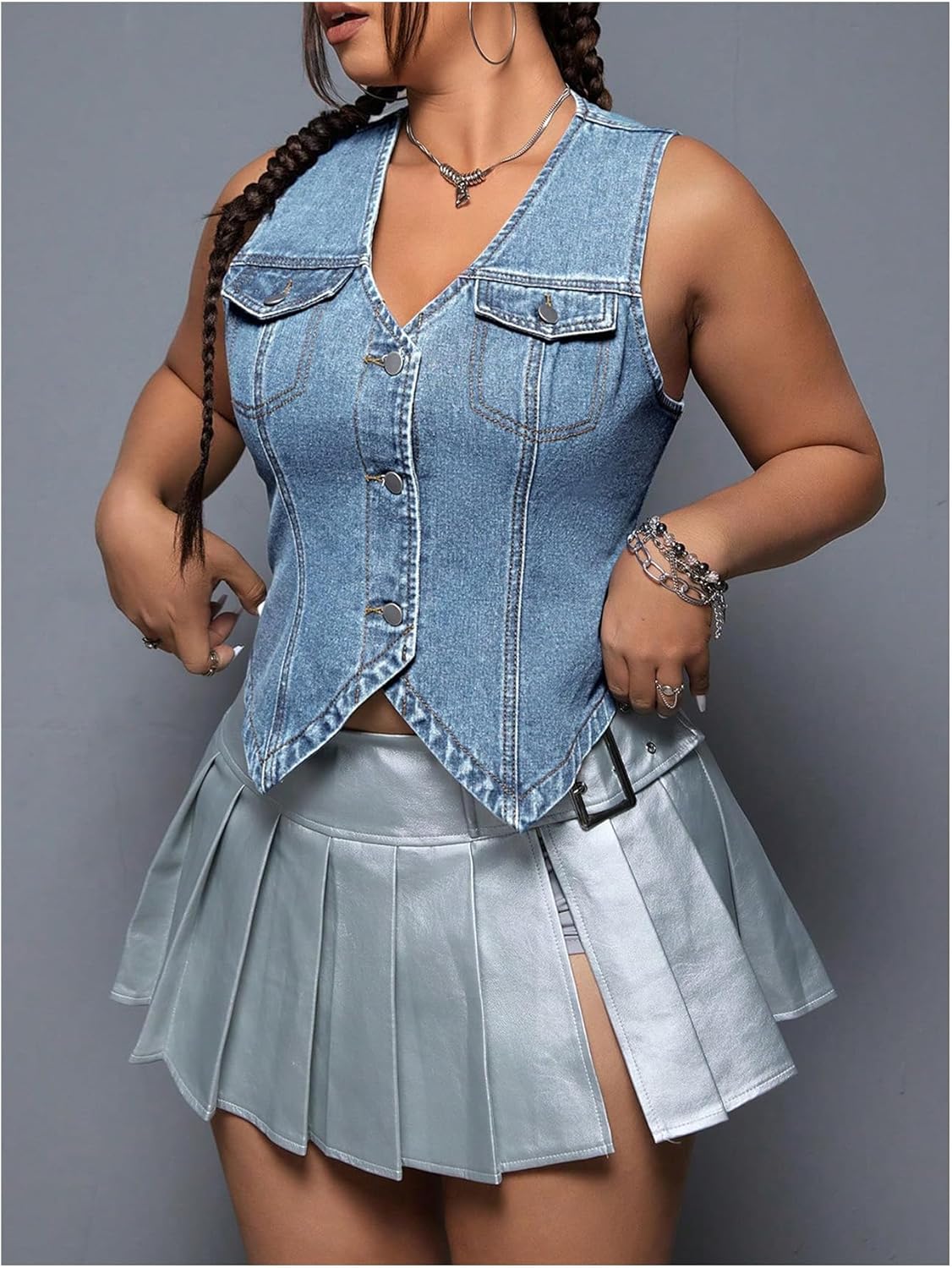 Floerns Women's Plus Size Sleeveless Button Down Jean Vest V Neck Denim Jacket