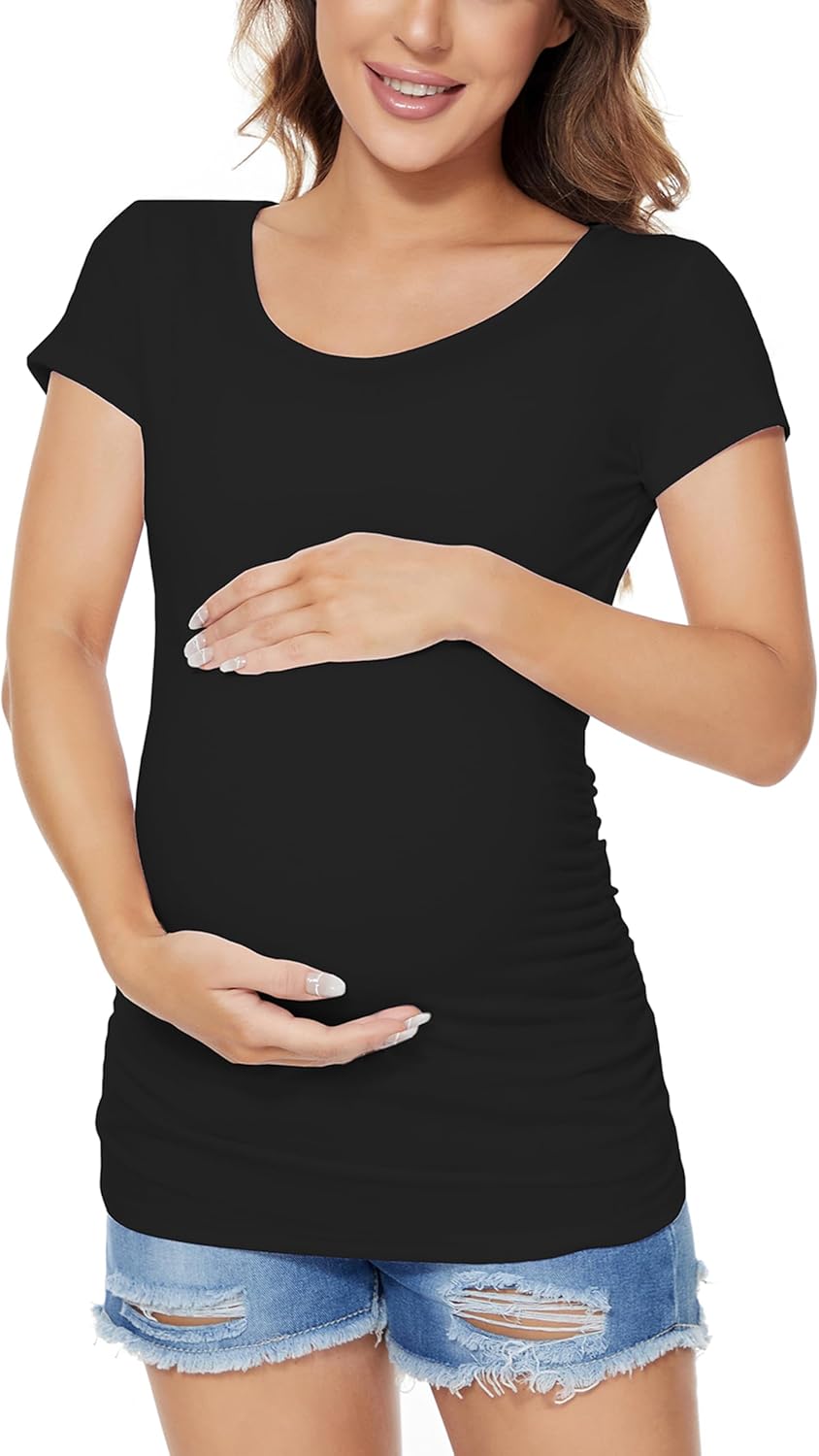 Liu & Qu Womens Maternity Tops Short Sleeve Round Neck Pregnancy Shirts 3 Packs