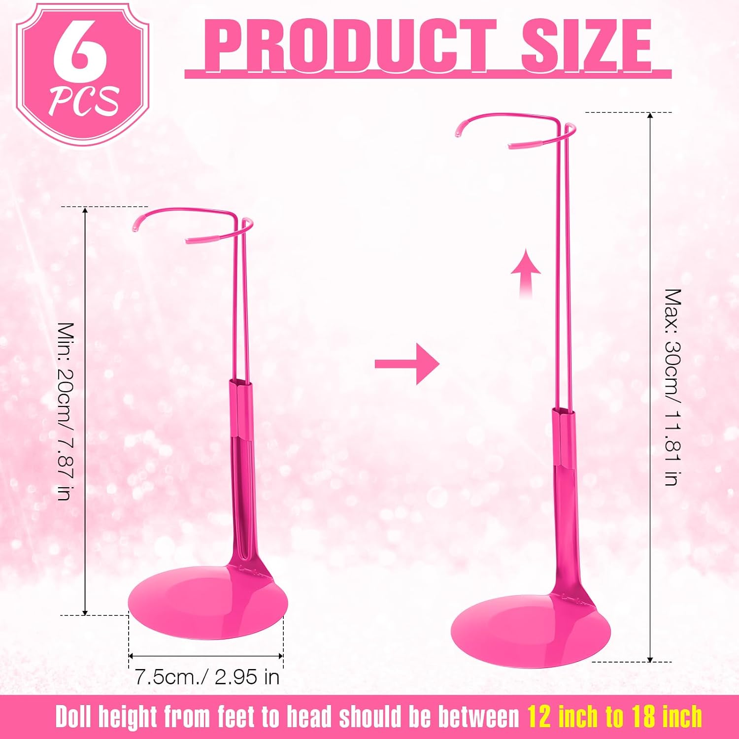 Yaocom 6 Pcs Adjustable Doll Stands for 12 Inch to 18 Inch Dolls Display Stand with Expandable Waist Wire Action Figure Display(Rose Red) image 2