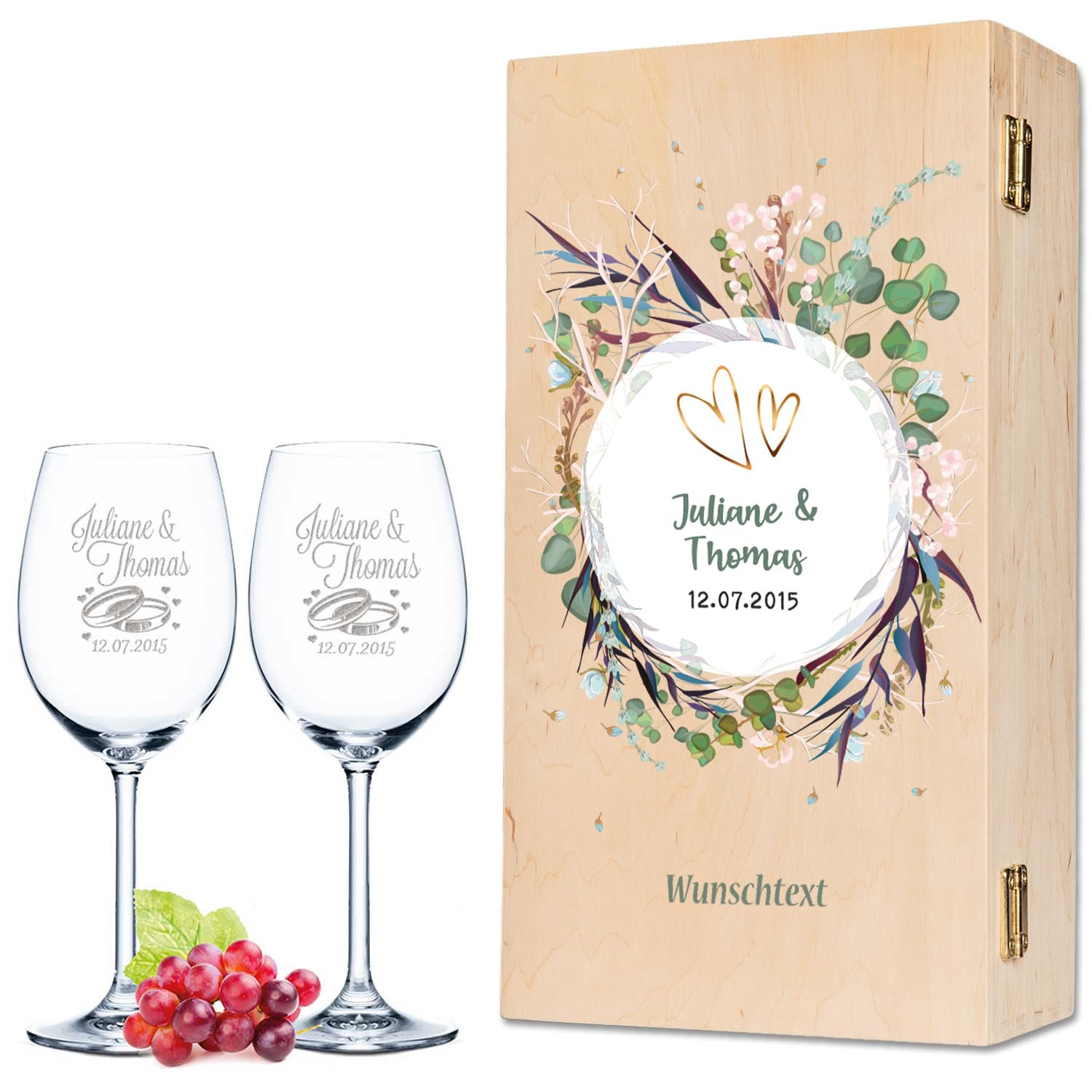 GRAVURZEILE Leonardo Weingläser mit Gravur von Namen & Datum - Flower Wedding - als Geschenk zur Hochzeit, Verlobung oder zum Jahrestag - das Hochzeitsgeschenk - Daily Flower Design mit Holzkiste
