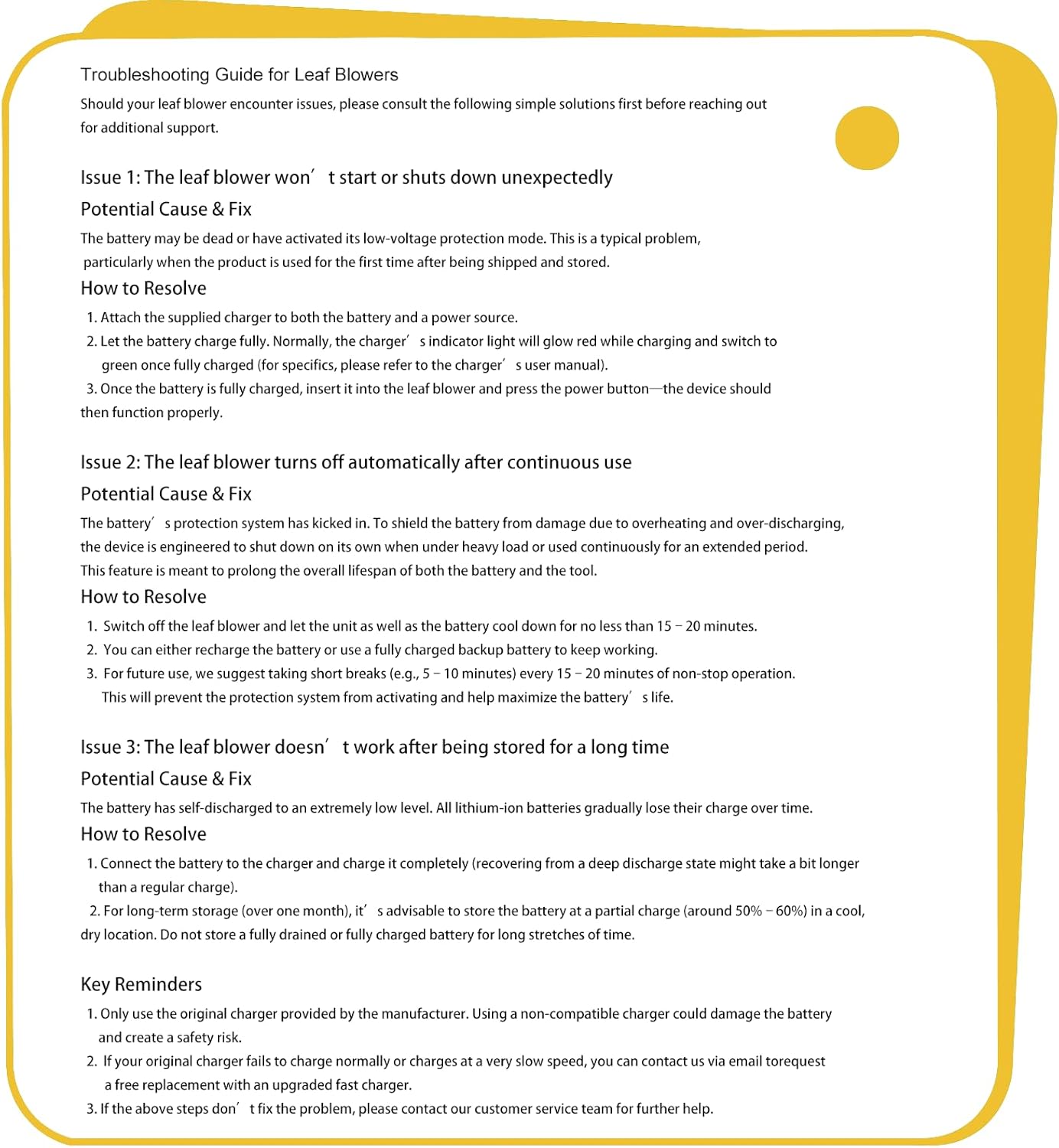 Leaf Blower Cordless with Battery and Charger 1000,000 RPM Handheld Lightweight Patio Cleaning Blower Set Extended Nozzle Design Blowing Leaves and Dust Car Dryer (Yellow) - Image 9