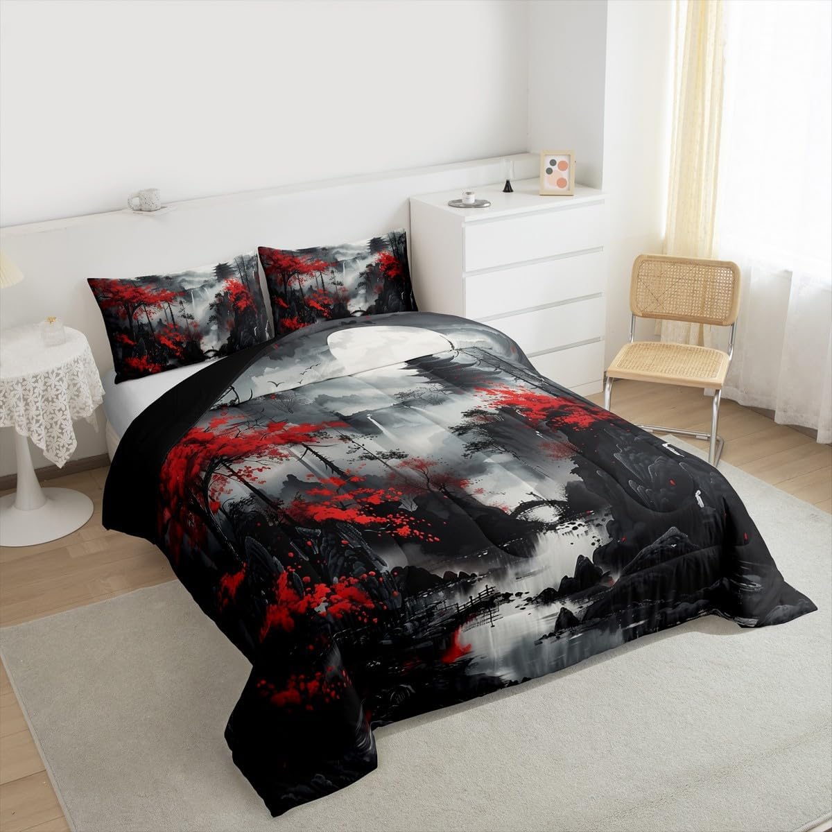 jejeloiu Japanese Bedding Set Soft for Boys Girls, Forest Comforter Set Queen Size Asian Scenic Duvet Quilt Microfiber Bedroom Decor 3 Pcs with 2 Pillow Cases