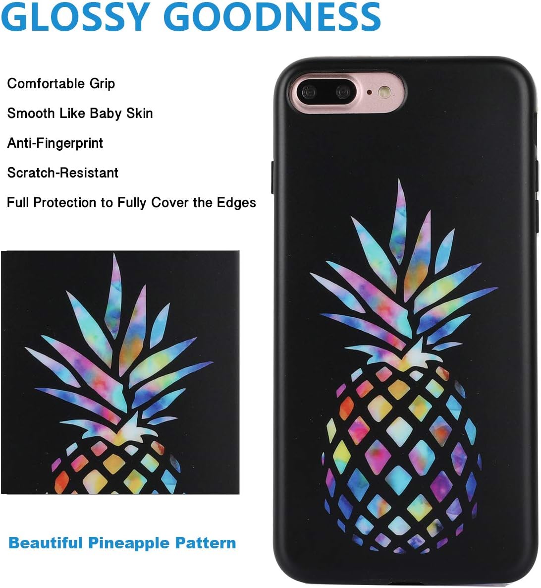 iPhone 8 Plus iPhone 7 Plus Case Cute Colorful Pineapple Floral Black Pattern IMD Hybrid Hard TPU Back Cover Shockproof Protective Fun Phone Cases for Women Girls Men Boys[5.5"]