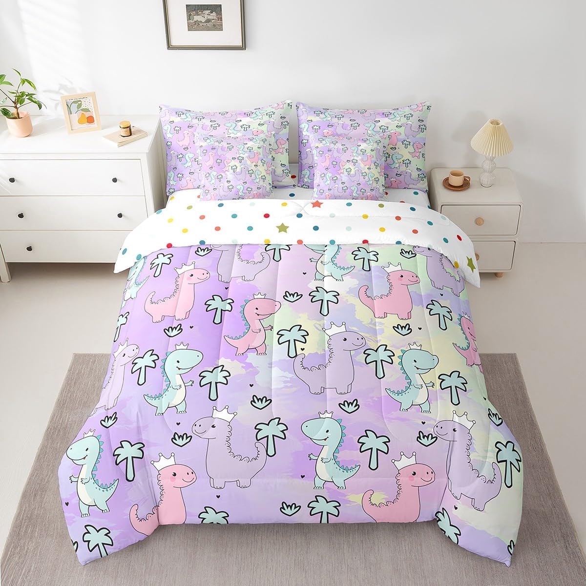 Erosebridal Dinosaur 7 Piece Comforter Set Queen Size,Kawaii Dinosaur Bedding Sets for Kids Girls Boys Bedroom Decor,Cartoon Cute Animals Wildlife Bed in a Bag,Palm Leaf Sheet Set,Green Purple Pink
