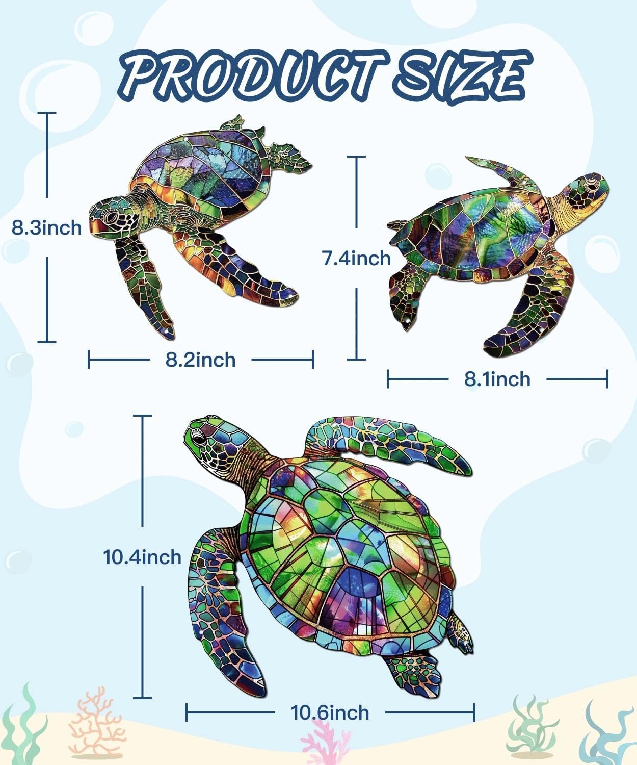 Putuo Decor 3PC Metal Sea Turtle Wall Decor, Stained Glass Coastal Ornament for Pool Lake House Bathroom Garden Home Indoor Outdoor, Beach Theme Wall Art Hanging Sculptures in 3 Sizes (9.8”,7.8”,5.9”)