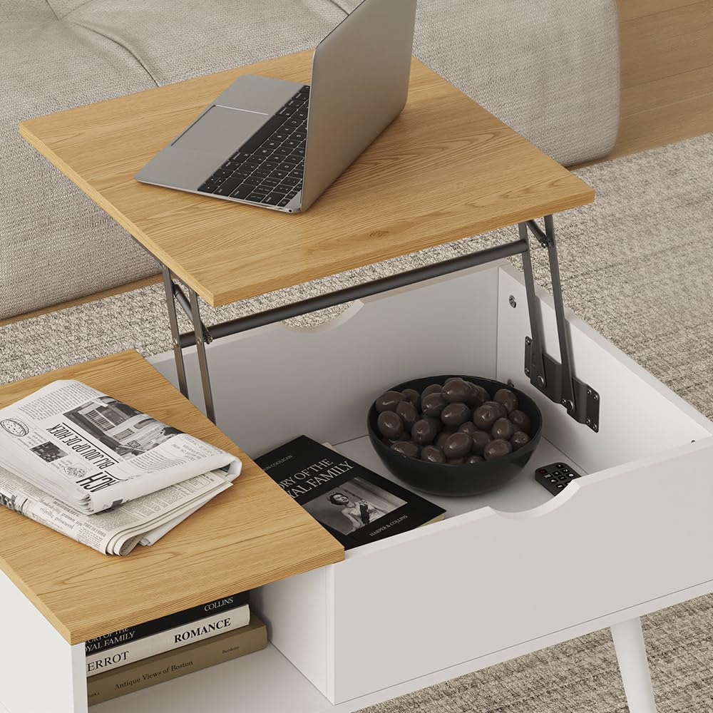 Vicco Couchtisch Stora, Weiß/Eiche, 76 x 45 cm | mit Liftfunktion, höhenverstellbarer Tischplatte und offenem Ablagefach